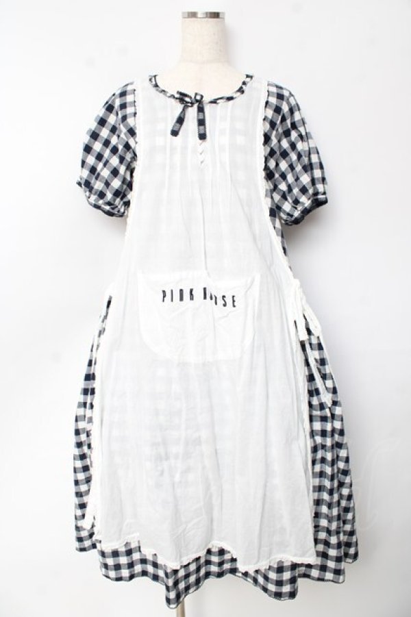 画像1: PINK HOUSE / エプロン付きブロードギンガムワンピース F 紺 Y-25-10-13-130-LO-OP-SZ-ZY (1)