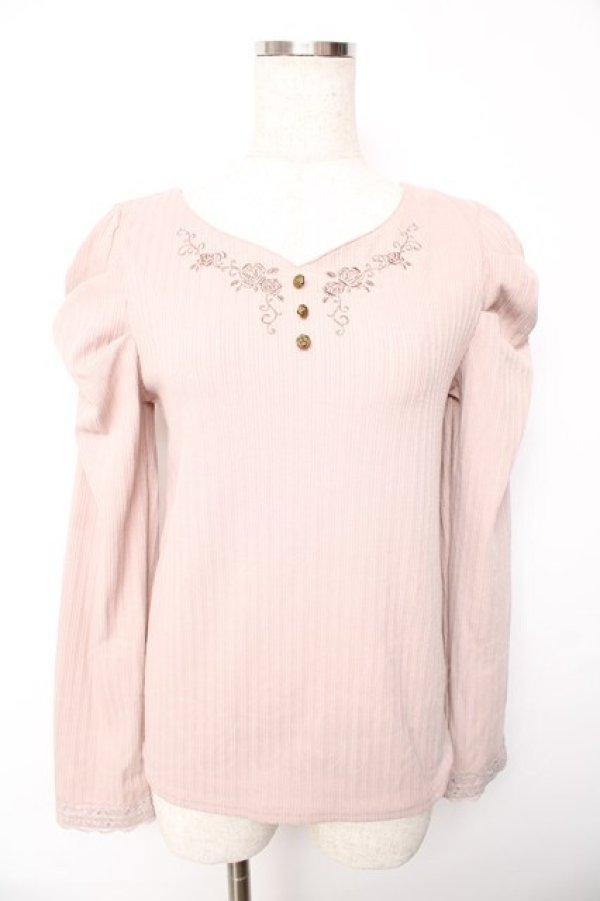 画像1: axes femme / 刺繍入マトンスリーブリブプルオーバー F ベージュ Y-25-10-13-019-AX-TS-SZ-ZI (1)