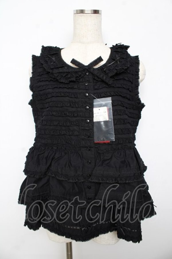 画像1: PINK HOUSE / フリル使いノースリーブブラウス F 黒 Y-25-10-15-006-LO-BL-SZ-ZY (1)