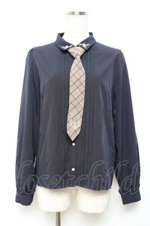 画像: axes femme / チェック柄ネクタイ付ブラウス M 紺 Y-25-10-18-065-AX-BL-SZ-ZY