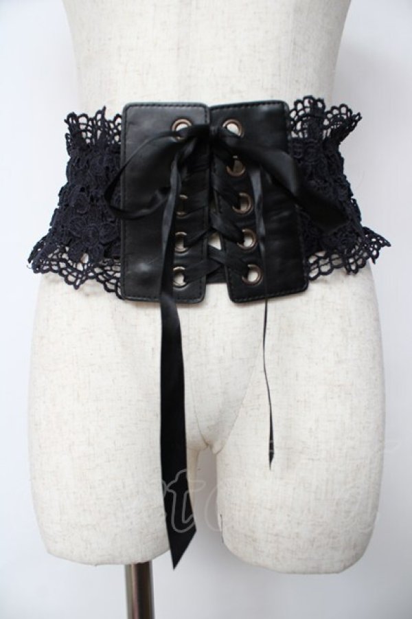 画像1: axes femme POETIQUE / 編み上げ×レース太ゴムベルト  黒 Y-25-10-18-030-AX-ZA-SZ-ZY (1)
