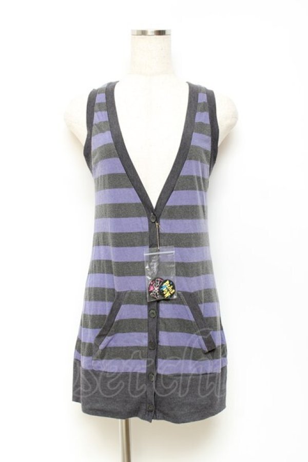 画像1: PEACE NOW / 缶バッジ付きボーダーノースリーブカーディガン M グレー×パープル Y-25-10-25-085-PU-TO-SZ-ZY (1)
