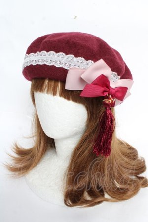 画像: Amavel / 月夜の狐と寒椿和風ベレー帽  ボルドー Y-25-10-28-055-CA-AC-SZ-ZY