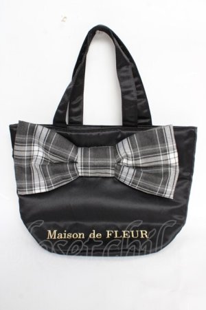 画像: Maison de FLEUR / チェックリボンサテントートバッグ F ブラック Y-25-10-28-043-LO-BG-SZ-ZY