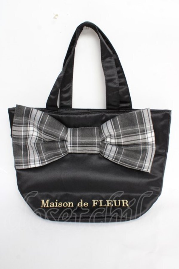 画像1: Maison de FLEUR / チェックリボンサテントートバッグ F ブラック Y-25-10-28-043-LO-BG-SZ-ZY (1)