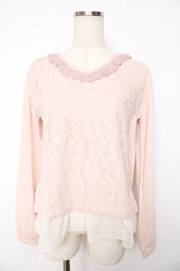 画像1: axes femme / 起毛レースVネックプルオーバー  ピンク Y-25-11-01-037-AX-TO-SZ-ZY (1)
