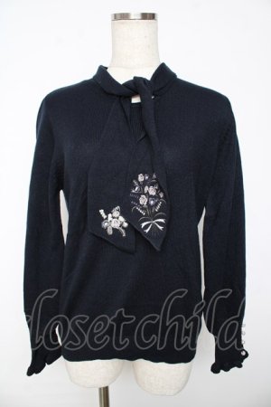 画像: axes femme / フラワー刺繍ボウタイニット  紺 Y-25-11-01-048-AX-TO-AS-ZY