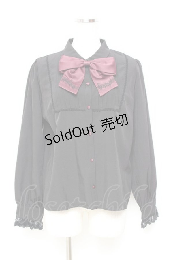 画像1: axes femme POETIQUE / 音符刺繍リボン付ブラウス M 黒 Y-25-11-05-057-AX-BL-SZ-ZY (1)