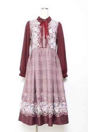 画像: axes femme / グレンチェック花柄ワンピース M ワイン Y-25-11-05-127-AX-OP-SZ-ZY