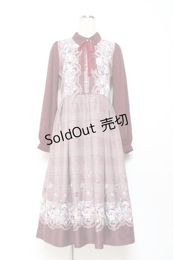 画像1: axes femme / グレンチェック花柄ワンピース M ワイン Y-25-11-05-127-AX-OP-SZ-ZY (1)