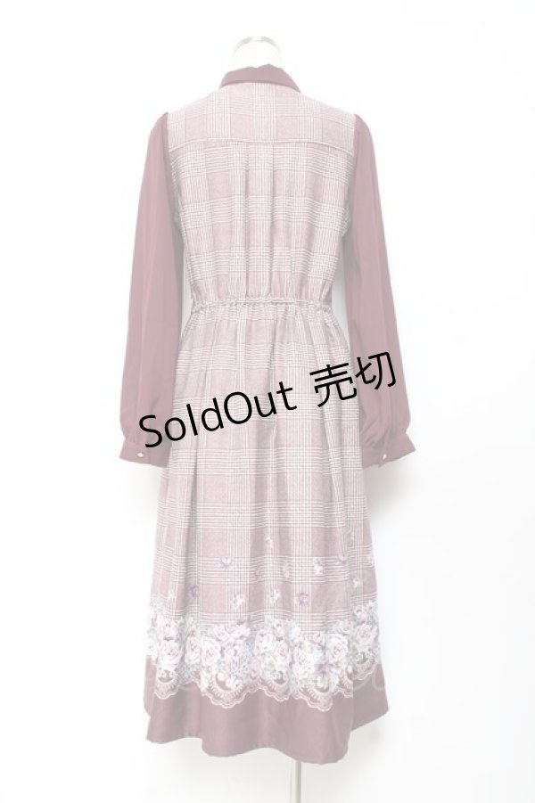 画像2: axes femme / グレンチェック花柄ワンピース M ワイン Y-25-11-05-127-AX-OP-SZ-ZY (2)