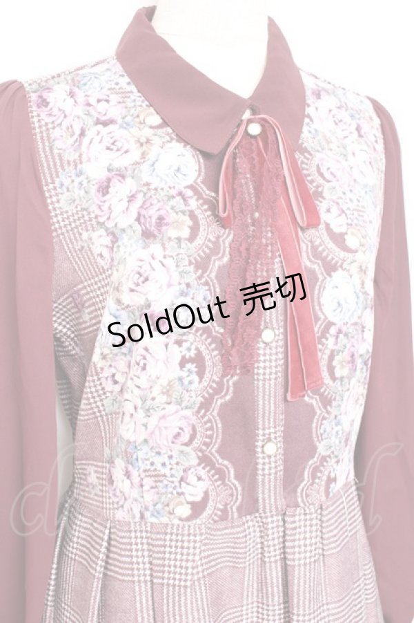 画像3: axes femme / グレンチェック花柄ワンピース M ワイン Y-25-11-05-127-AX-OP-SZ-ZY (3)