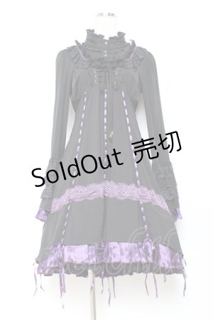 画像: Ozz oneste / 姫袖裾プリーツサテンリボンワンピース  黒×紫 Y-25-11-05-133-OO-OP-SZ-ZY