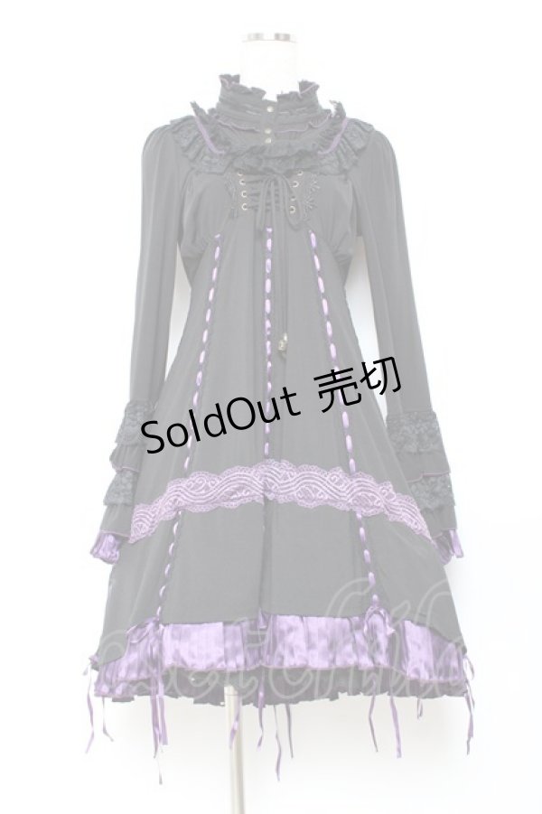 画像1: Ozz oneste / 姫袖裾プリーツサテンリボンワンピース  黒×紫 Y-25-11-05-133-OO-OP-SZ-ZY (1)