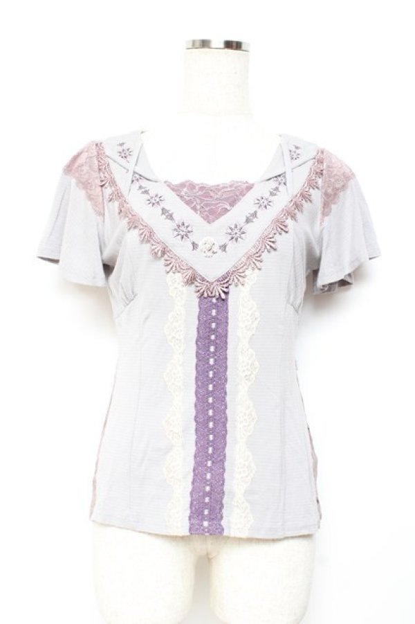 画像1: Ozz oneste / 刺繍入りフロントレーストップス  グレー Y-25-11-05-139-OO-TO-SZ-OS (1)