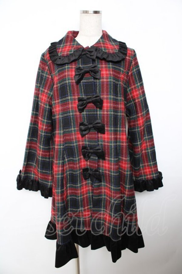 画像1: Heart E / リボンとタータンのフレアフリルコート 9号 黒×赤 Y-25-11-06-073-LO-CO-SZ-ZY (1)