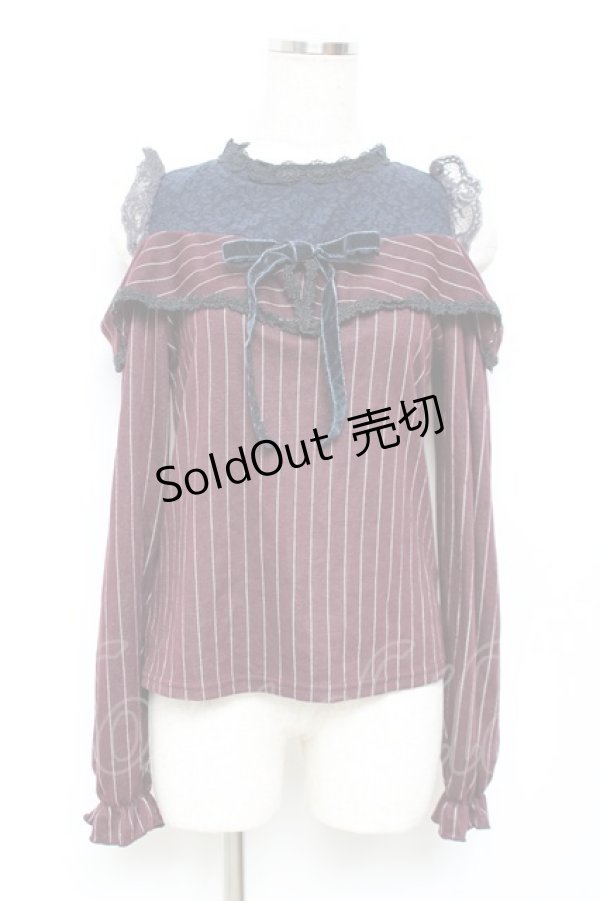 画像1: axes femme POETIQUE / ストライプオフショルトップス M ワイン Y-25-11-22-089-AX-TO-SZ-ZI (1)