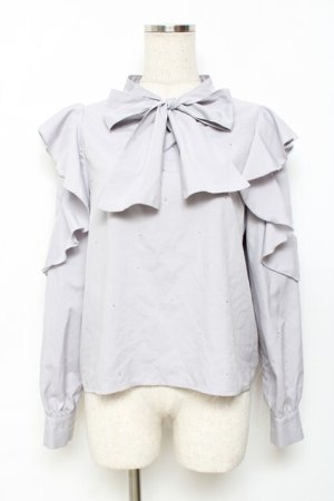 画像: evelyn / ラインストーンリボンブラウス  グレー Y-25-11-22-094-LO-BL-SZ-ZY