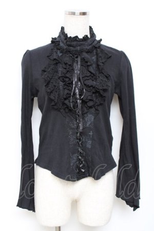 画像: h.naoto Blood / プリント入編み上げフリルカットソー  黒 Y-25-11-22-108-HN-TO-SZ-ZY