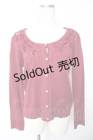 画像: axes femme / ベロアリボンパールカーディガン  ワイン Y-25-11-24-037-AX-TO-SZ-ZY