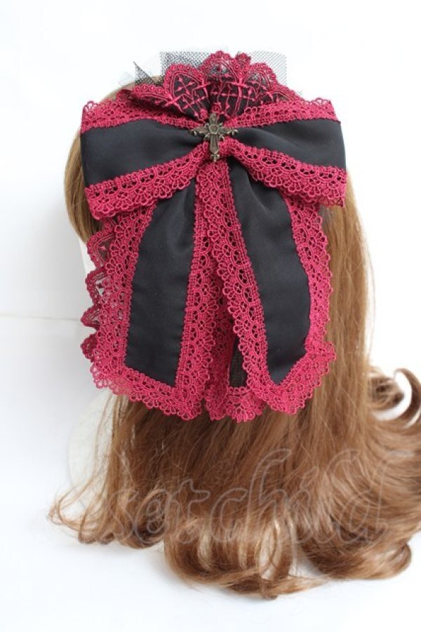 画像2: Moi-meme-Moitie / M+CROIXリボンレースカチューシャ  ブラック×レッド Y-25-11-26-024-MO-AC-SZ-ZY (2)