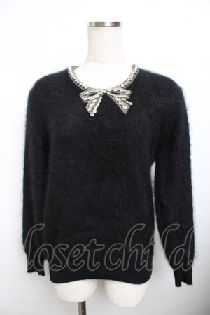 画像: PINK HOUSE / ビジューリボンアンゴラニットトップス F 黒 Y-25-11-30-142-LO-TO-SZ-ZY