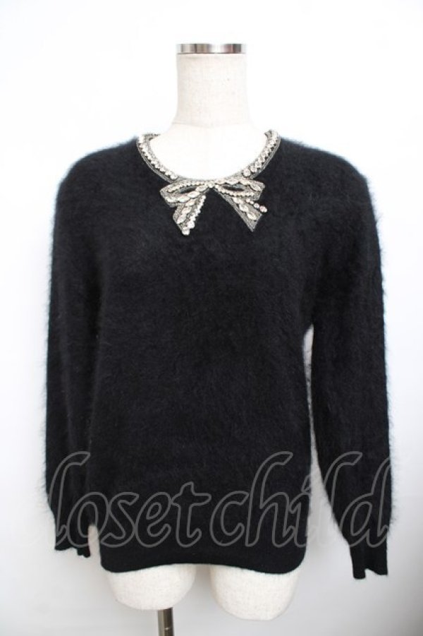 画像1: PINK HOUSE / ビジューリボンアンゴラニットトップス F 黒 Y-25-11-30-142-LO-TO-SZ-ZY (1)