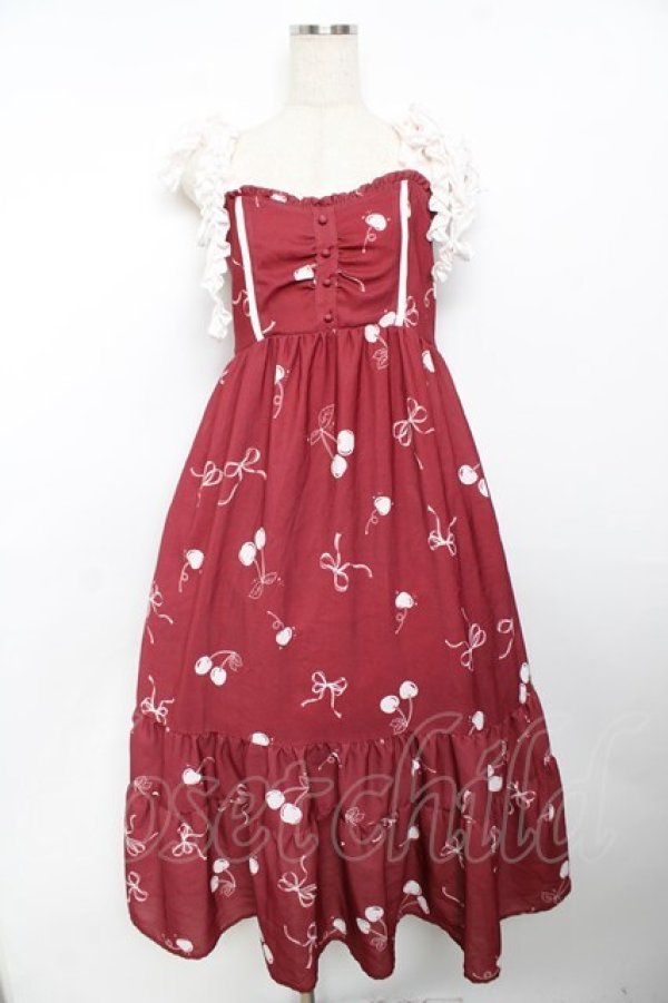 画像1: axes femme / チェリー柄フリルリボンワンピース F 赤 Y-25-11-30-185-AX-OP-SZ-ZY (1)