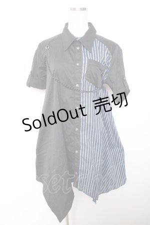 画像: ALGONQUINS / ストライプ半袖ロングシャツ  黒×青 Y-25-12-01-024-AL-BL-SZ-ZY