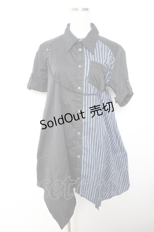 画像1: ALGONQUINS / ストライプ半袖ロングシャツ  黒×青 Y-25-12-01-024-AL-BL-SZ-ZY (1)