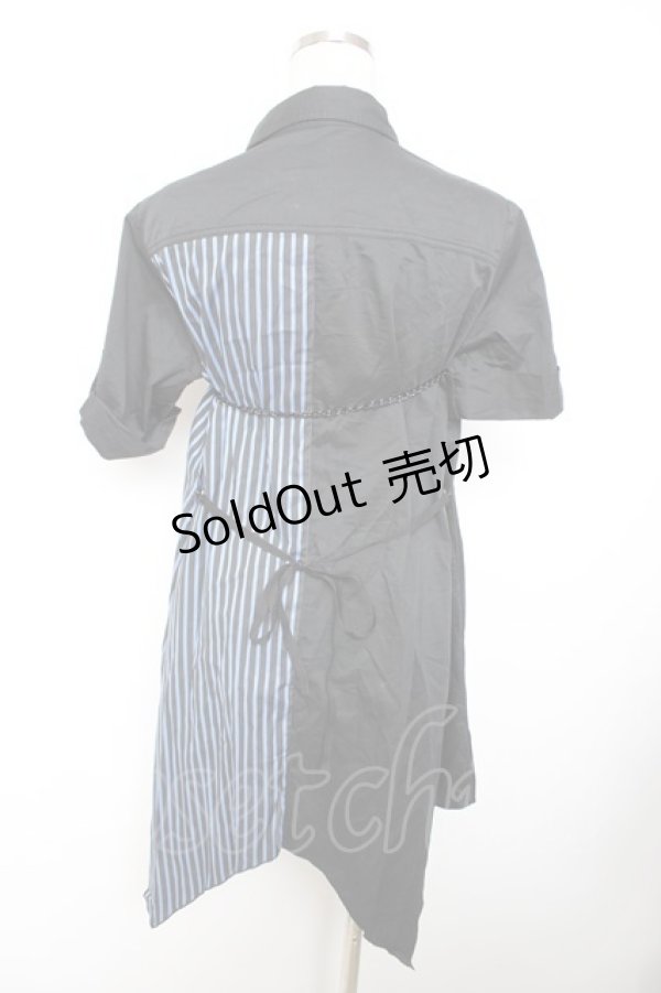 画像2: ALGONQUINS / ストライプ半袖ロングシャツ  黒×青 Y-25-12-01-024-AL-BL-SZ-ZY (2)