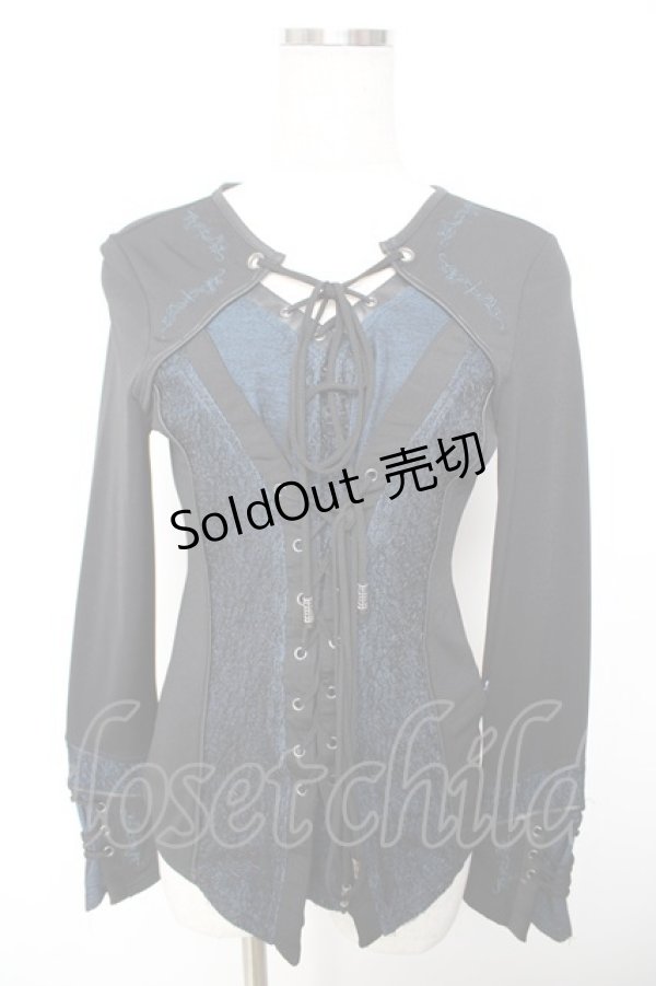 画像1: Ozz Croce / 蜘蛛の巣レース切替編み上げトップス  黒×青 Y-25-12-01-031-OO-TO-SZ-ZY (1)