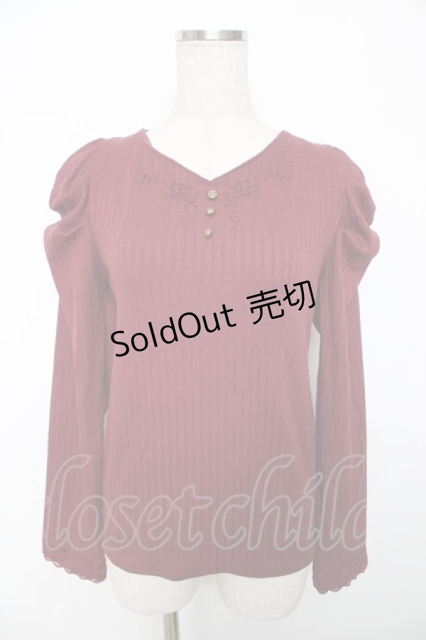 画像1: axes femme / 刺繍入マトンスリーブリブプルオーバー F ワイン Y-25-12-04-045-AX-TS-SZ-ZS (1)