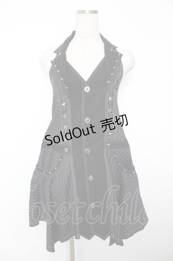 画像1: ALGONQUINS / ストライプ衿ホルタージャンパースカート M 黒 Y-25-12-04-134-AL-OP-SZ-ZI (1)