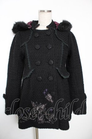 画像: h.Jelly HONEY / リボン×蝶ファーフードコート  黒 Y-25-12-04-135-HN-CO-SZ-ZY