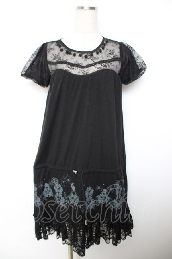 画像1: GRAMM / プリント裾レースカットワンピース  黒 Y-25-12-04-169-HN-OP-SZ-ZY (1)