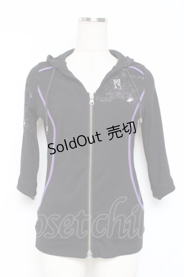 画像1: Ozz oneste / 金魚×朝顔刺繍五分袖パーカー  黒 Y-25-12-05-094-OO-TO-SZ-ZI (1)