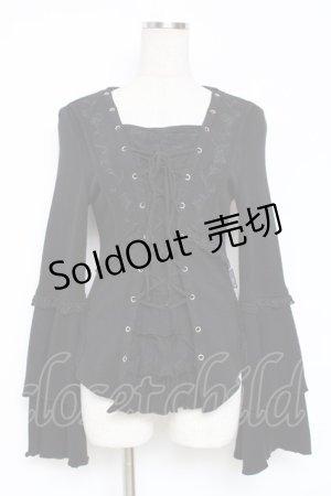 画像: Ozz oneste / 薔薇刺繍編み上げトップス  黒 Y-25-12-05-095-OO-TO-SZ-ZY