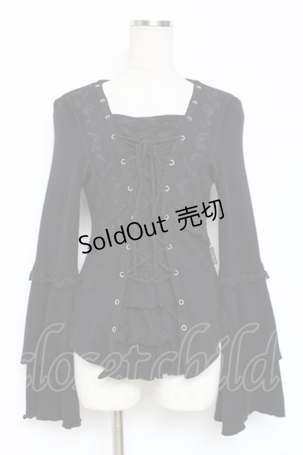 画像1: Ozz oneste / 薔薇刺繍編み上げトップス  黒 Y-25-12-05-095-OO-TO-SZ-ZY (1)