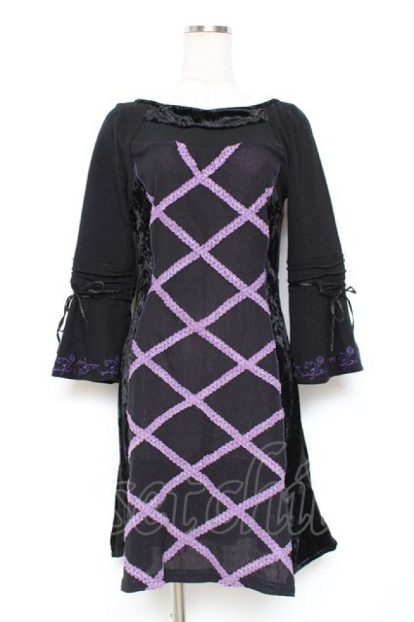 画像1: Ozz oneste / サイドベルベットレースデザインワンピース  黒×紫 Y-25-12-05-103-OO-OP-SZ-ZI (1)