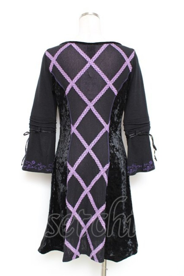 画像2: Ozz oneste / サイドベルベットレースデザインワンピース  黒×紫 Y-25-12-05-103-OO-OP-SZ-ZI (2)