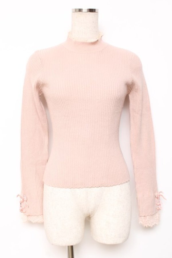 画像1: LIZ LISA / 袖レース付きリブニット 0 ピンク Y-25-12-08-026-LO-TO-SZ-ZY (1)