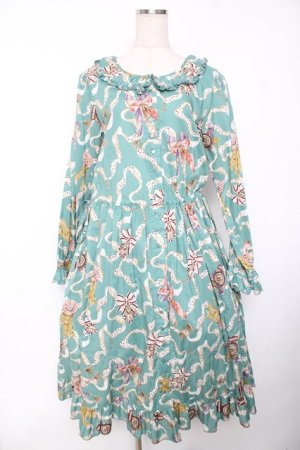 画像: PINK HOUSE / ロゼットプリントミディワンピース  ブルーグリーン Y-25-12-08-085-LO-OP-SA-ZY