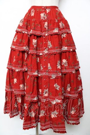 画像: WONDERFUL WORLD / 花柄ティアードロングスカート  赤 Y-25-12-08-098-LO-SK-SZ-ZY
