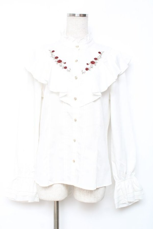 画像1: axes femme / ローズ刺繍フリルブラウス M 白 Y-25-12-10-029-AX-BL-SZ-ZY (1)