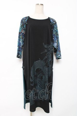 画像: Qutie Frash / 龍ptロングカットソー  黒×ブルーグリーン Y-25-12-10-048-QU-TO-SZ-ZY