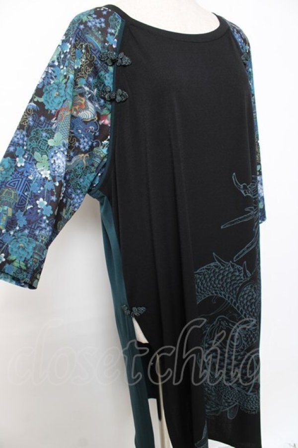 画像3: Qutie Frash / 龍ptロングカットソー  黒×ブルーグリーン Y-25-12-10-048-QU-TO-SZ-ZY (3)
