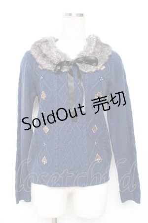 画像: axes femme / トランプアイコン刺繍ファーカラーニット M 紺 Y-25-12-11-016-AX-TO-SZ-ZY