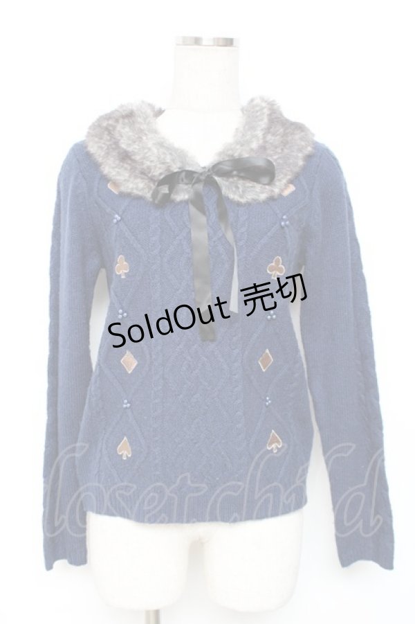 画像1: axes femme / トランプアイコン刺繍ファーカラーニット M 紺 Y-25-12-11-016-AX-TO-SZ-ZY (1)