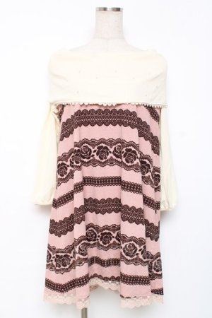 画像: axes femme / 薔薇レースボーダーオフショルニットワンピース M 淡ピンク Y-25-12-11-017-AX-OP-SZ-ZY